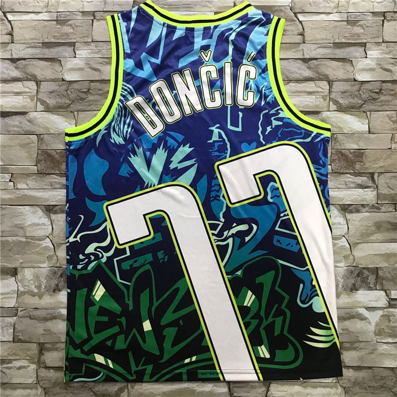 Men Dallas Mavericks 77 Doncic Blue Heat transfer 2021 NBA Jersey